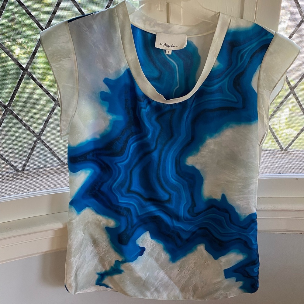 Philip Lim blue and white silk blouse, size 6